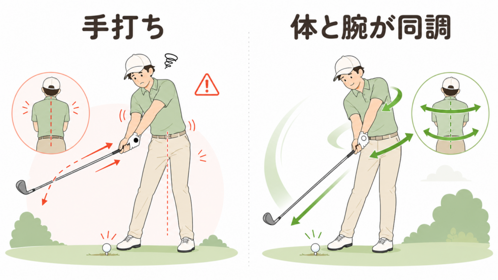 手打ちと体・腕が同調したスイングの違い