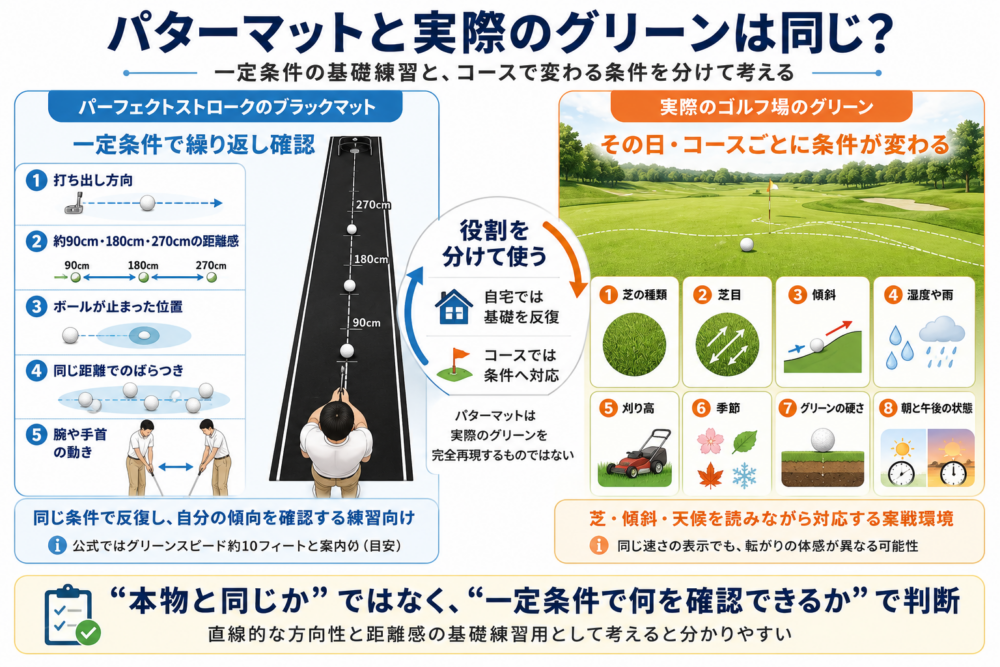 パターマットで練習できること・実際のグリーンで異なることの比較図
